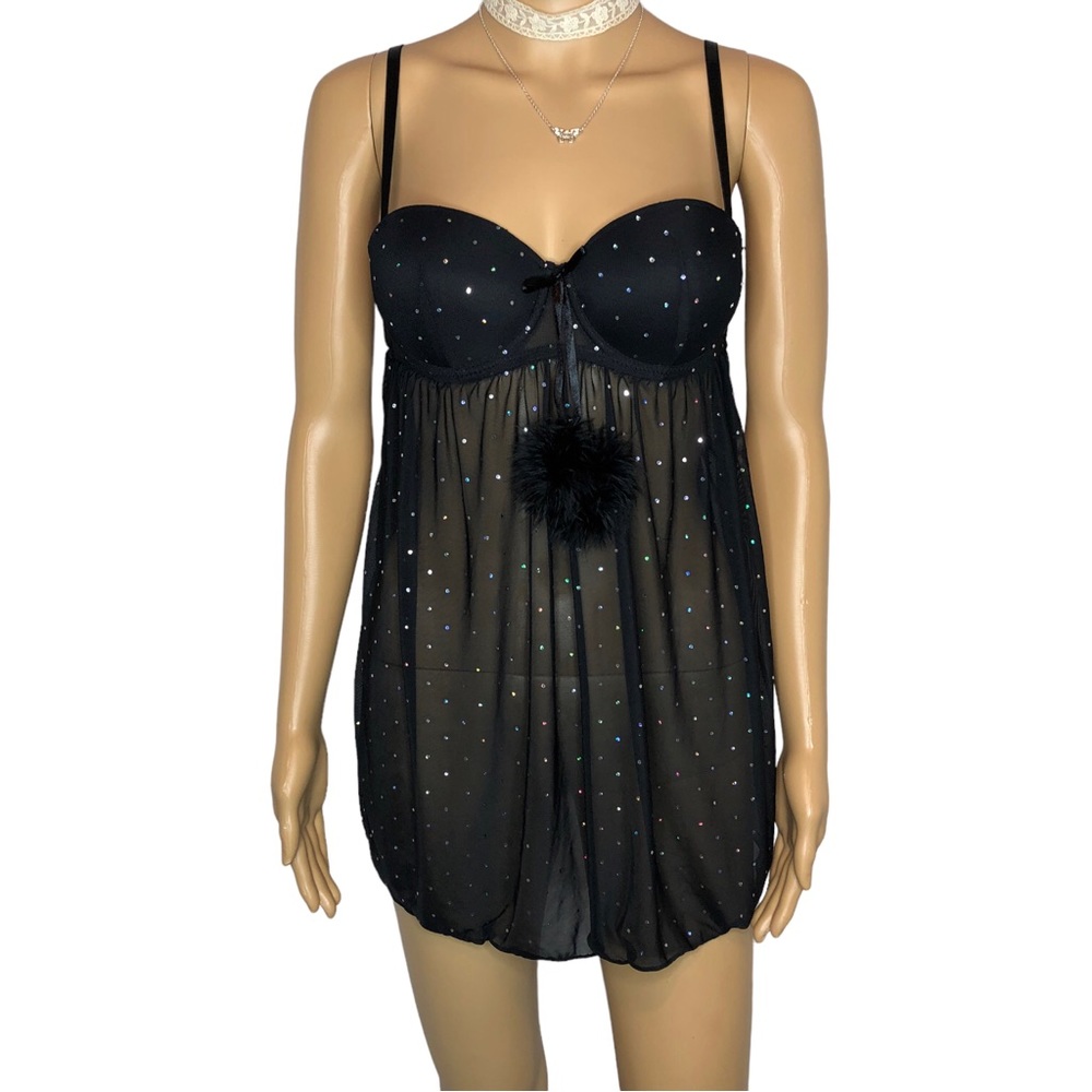 Sheer Black Sequined Babydoll Bustier
